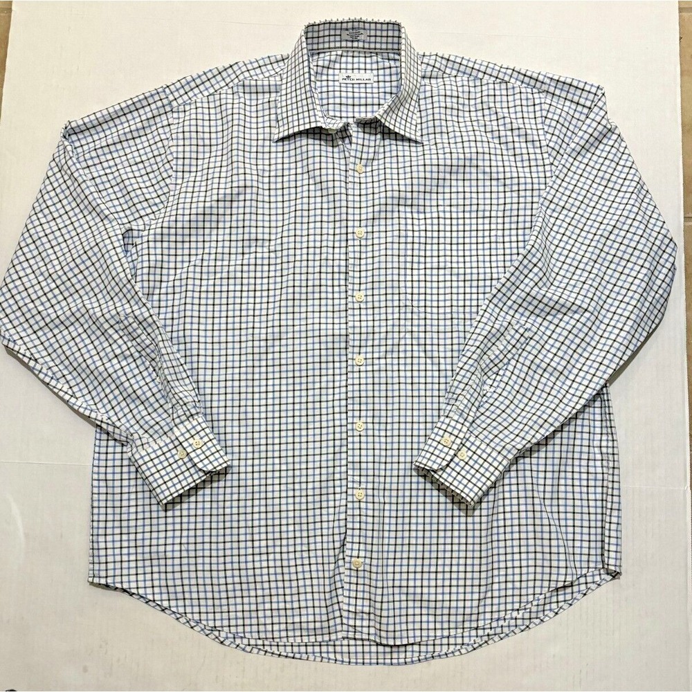 Peter Millar Shirt Mens XLarge Crown Soft Long Sleeve Button Up Black Navy Plaid